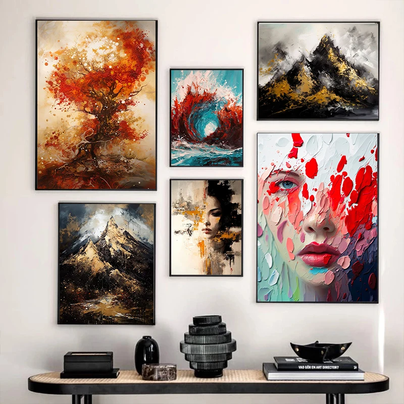 Abstract Black And Gold Mountains Landscape Colorful Portrait Poster Wall Art Canvas Painting For Living Room Office Decoration