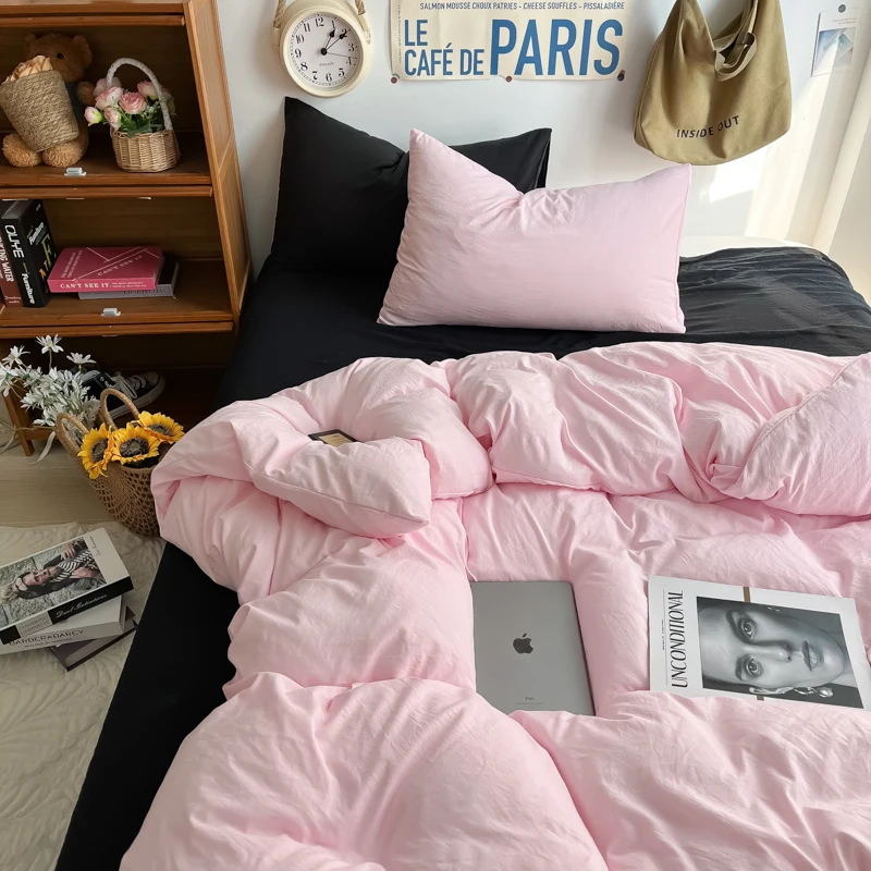 

Hot Ins Style Bedding Set Solid Color Duvet Cover Flat Sheet Pillowcase Soft Washed Cotton Bed Linens Girl Adults Home Textile