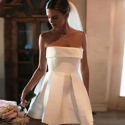 Elegant Strapless Pleat Short Wedding Dress Women Simple Backless A Line Above Knee Mini Beach Bridal Gown Vestidos De Novias