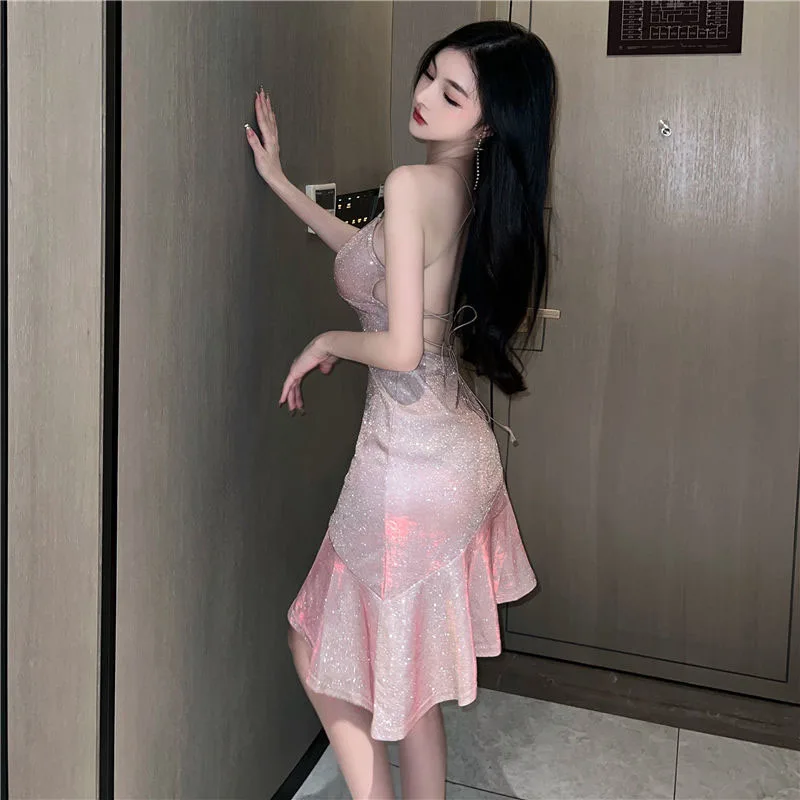 Biyaby Sexy Women Golden Mermaid Dresses Summer Spaghetti Strap Strapless Dress Woman Elastic Solid Color Bandage Vestidos Lady 3