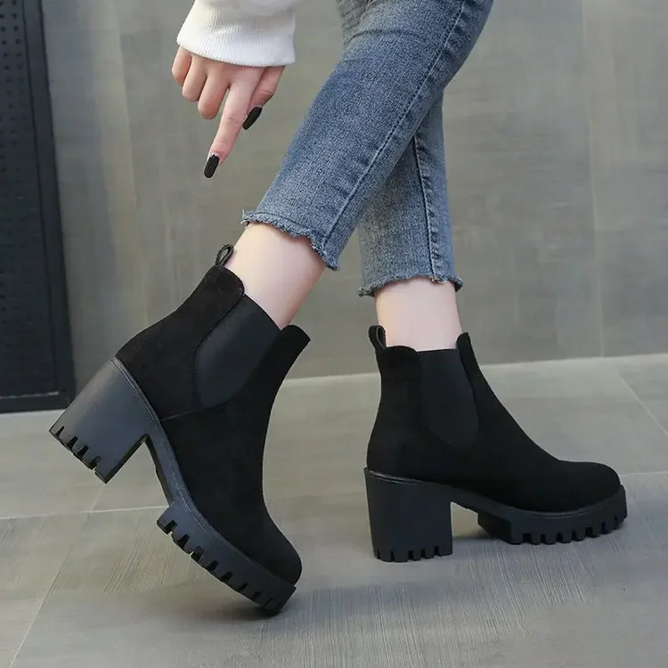 Women Suede Ankle Boots Fashion Metal Decoration Slimming Short Booties Autumn Winter Female Thick Heel Shoes 2025