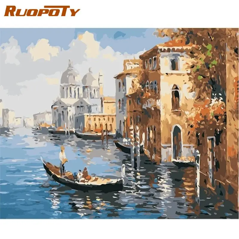 

RUOPOTY Painting By Numbers For Adults Water City Landscape Oil Picture By Number Unique DIY Gift Modern Home Decor Artwork