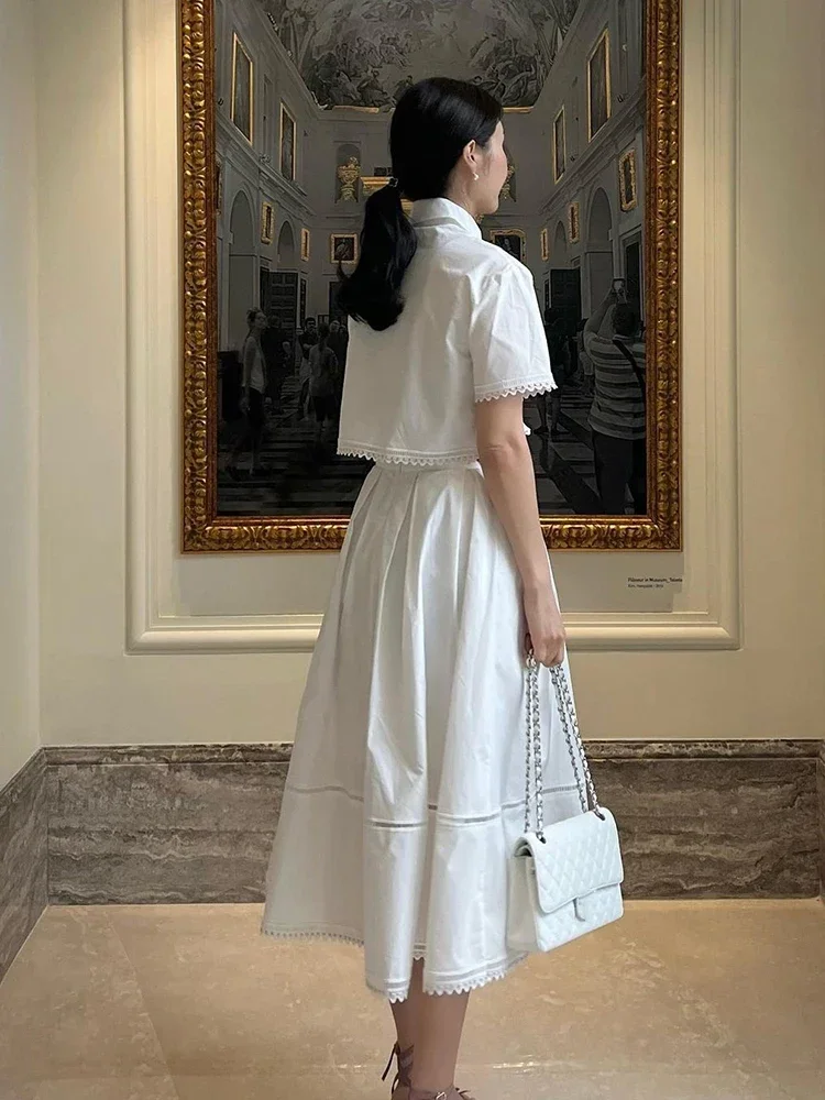 2024 New Elegant Two Piece Sets for Women Lapel Short Sleeve Tops High Waist A Line Pleated Skirts Solid Set Female Summer