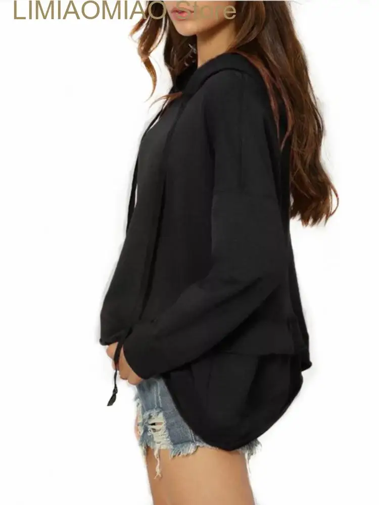 New Clothing Spring Autumn Hooded Sweat-shirts Fashion Solid Color Drawcord Hoodie with Irregular Hem Loose Casual Sweater
