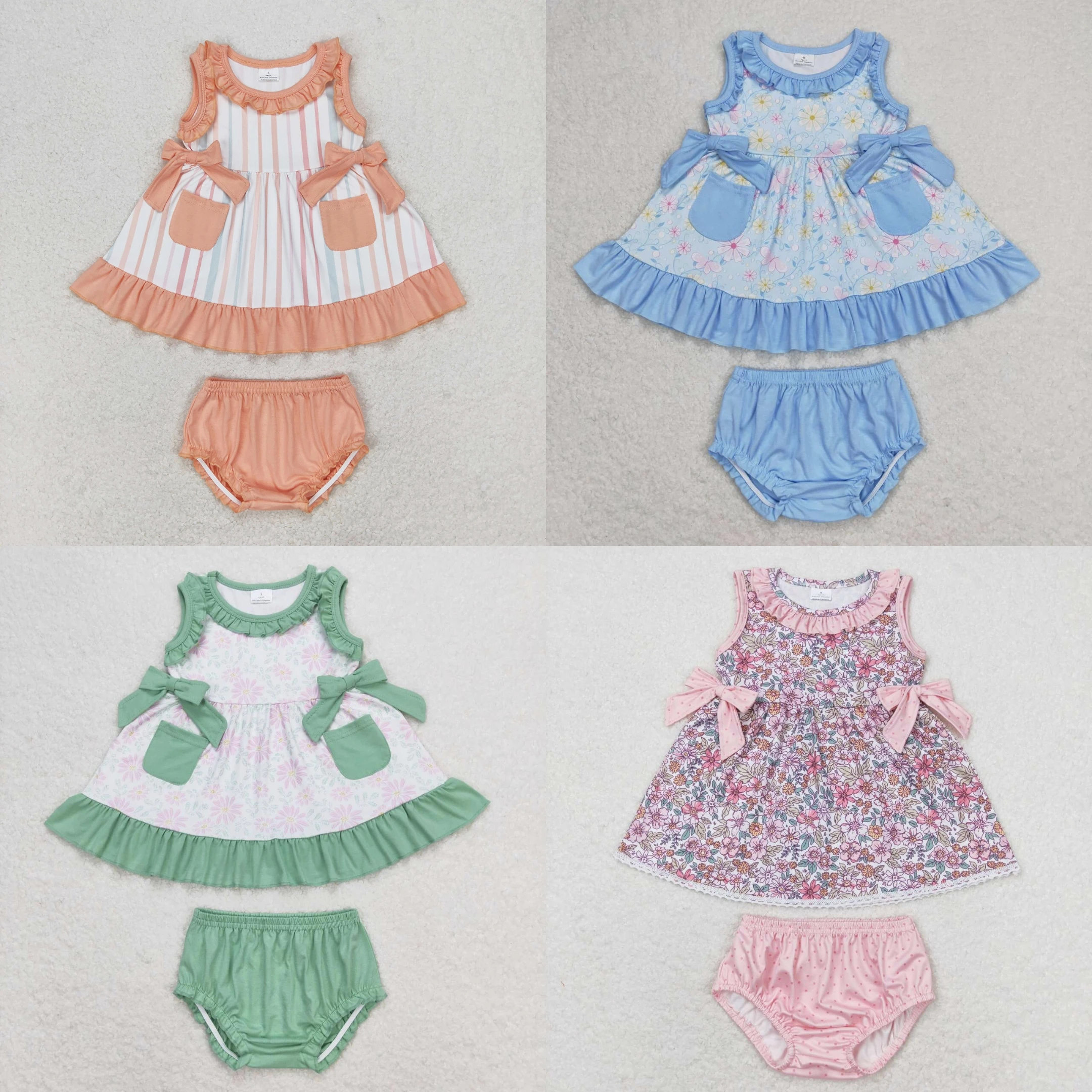 

Wholesale Kids Outfit Children Sleeveless Flower Pocket Ruffle Tunic Cotton Bummie Shorts Infant Summer Baby Girl Toddler Set