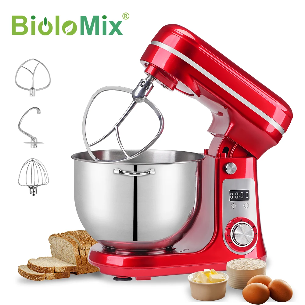 BioloMix mélangeur sur socle de cuisine 6L, 1200W DC, moteur silencieux, bol en acier inoxydable, 6 vitesses, fouet à œufs crème, pétrisseur à pâte
