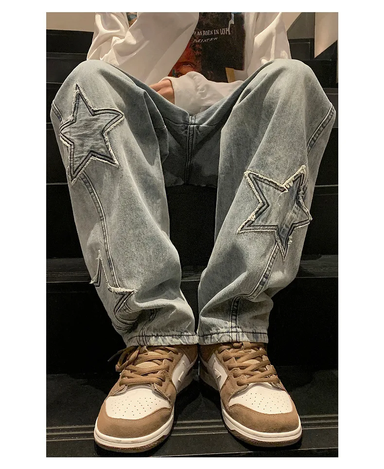 Men Stars Pattern Denim Pants Pockets Casual Breathable Cotton Blend Straight Leg Jeans For Spring Fall men jeans mens jeans jeans trousers denim trousers
