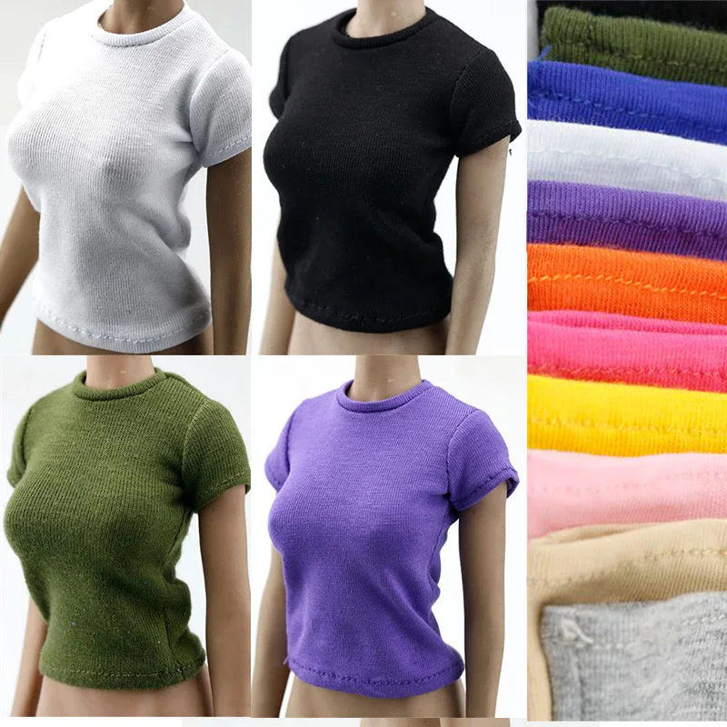 

1/6 Scale Female Soldier Fashion Casual Solid Color Short Sleeve T-shirt Clothes Model Accessory for 12 Inch Action Figure Body