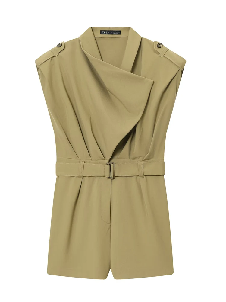 TFMLN Women Playsuits 2025 Trend Elegant Women's Short Romper Chic Shoulder Pad Jumpsuit Female One Pieces Bodysuit With Belt