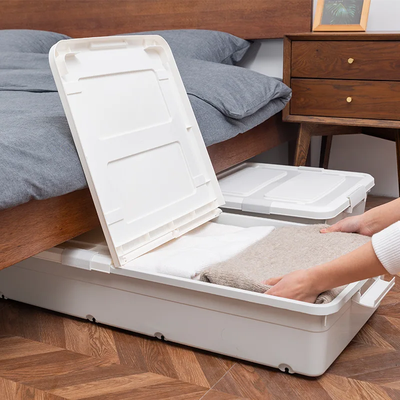 

2023 Bed Bottom Storage Box Without Lid Pulley Quilt Clothes Storage Organizer Flat Plastic Under-Bed Storage Box