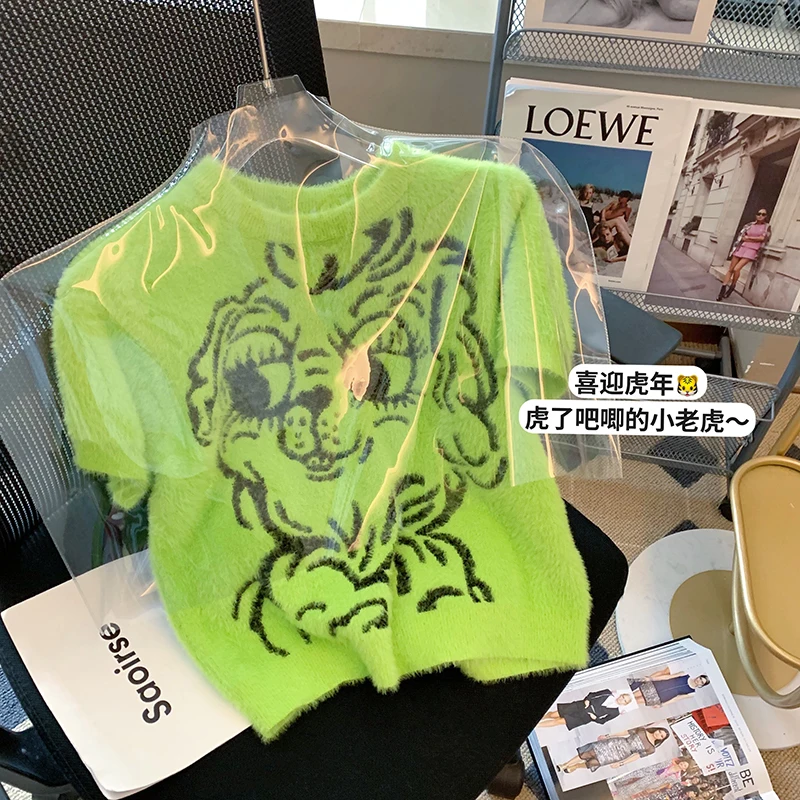 

Runway Women's Short Sleeve Soft Knitted Sweaters Cute Cartoon Short Tops Pullover Ladies Sweaters Knitwear Tops