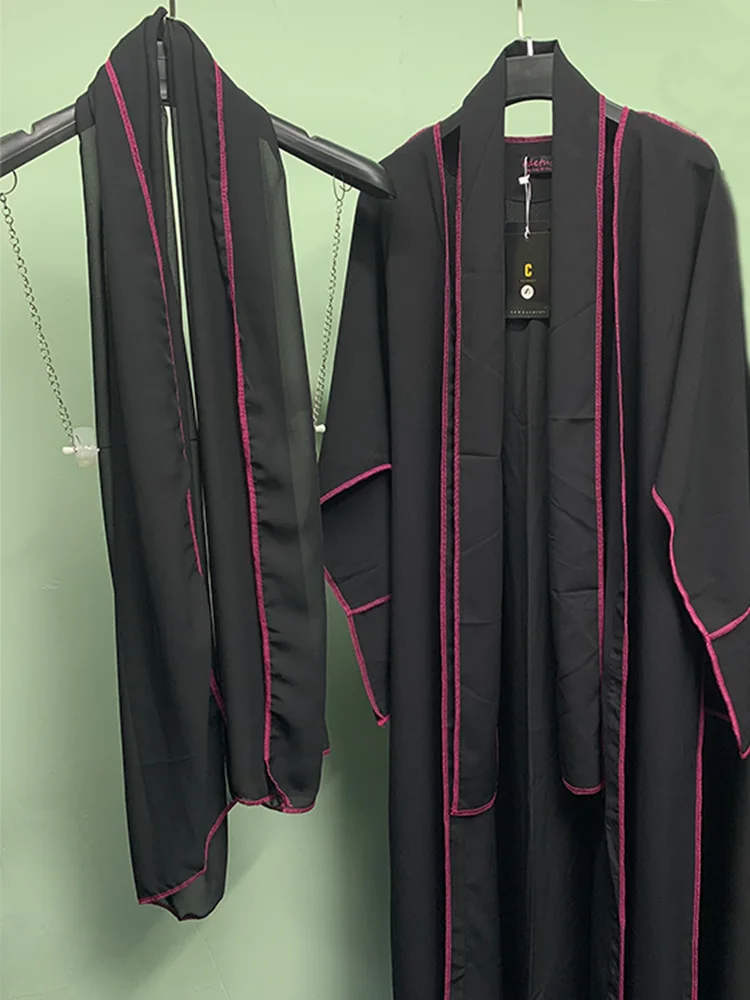 여성용 봉합 아바야 2 종 세트, 이너 원피스 없음, 라마단 2024 오픈 가디건, 히잡 벨트 포함 이슬람 의류