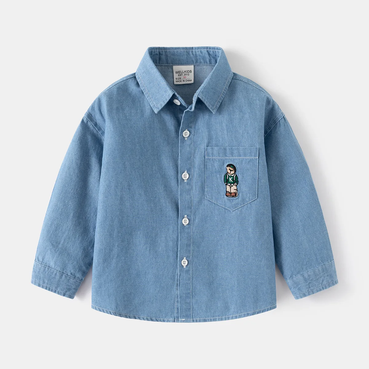 Autumn Children Boy Shirts Baby Blue Cowboy Embroidery Bear Long Sleeve Lapel Coat Top Fashion Party Outifits kids shirts boys shirts