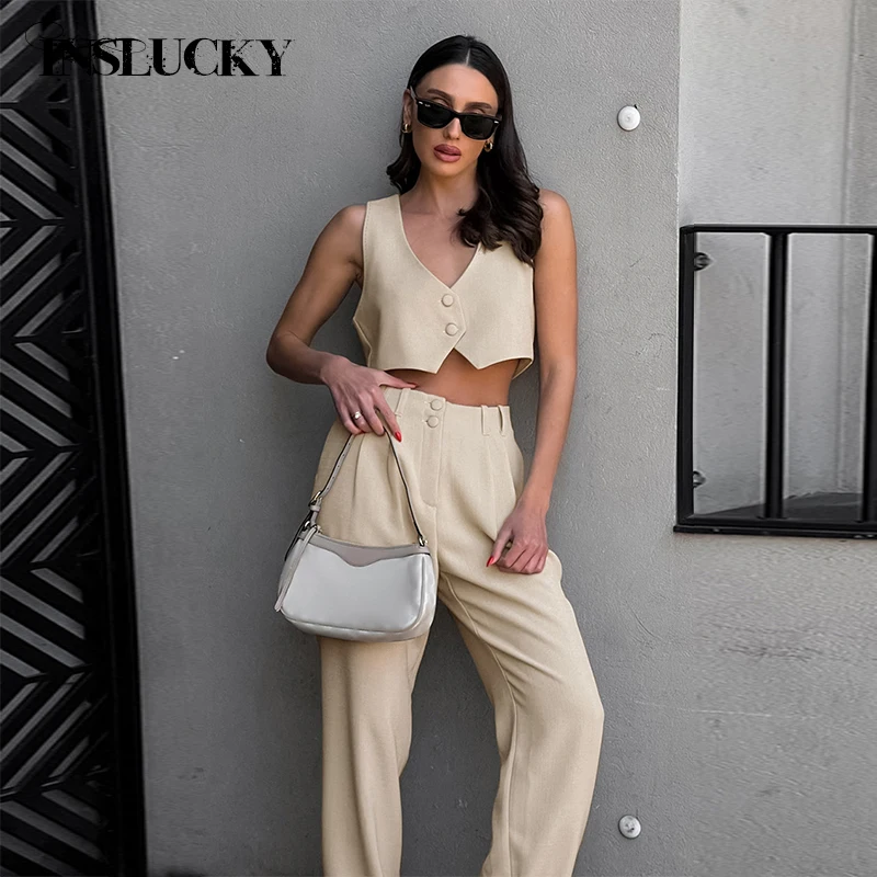 

InsLucky модный офисный Женский костюм с высокой талией Прямые брюки комплект из двух предметов с V-образным вырезом жилет без рукавов короткий топ подходит к летней одежде