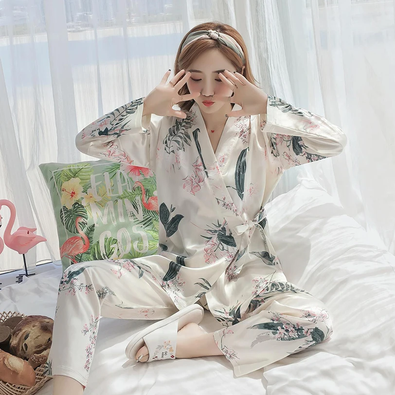 Ice silk pajamas women's spring and autumn new long-sleeved Japanese kimono Korean version casual home clothes 2-piece set