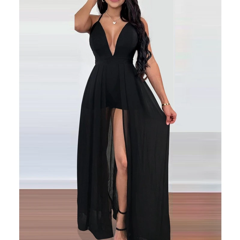 

Women High Waist Solid Color Deep V neck Sleeveless Spring Summer Skort Crisscross Backless Plunge Skort Romper