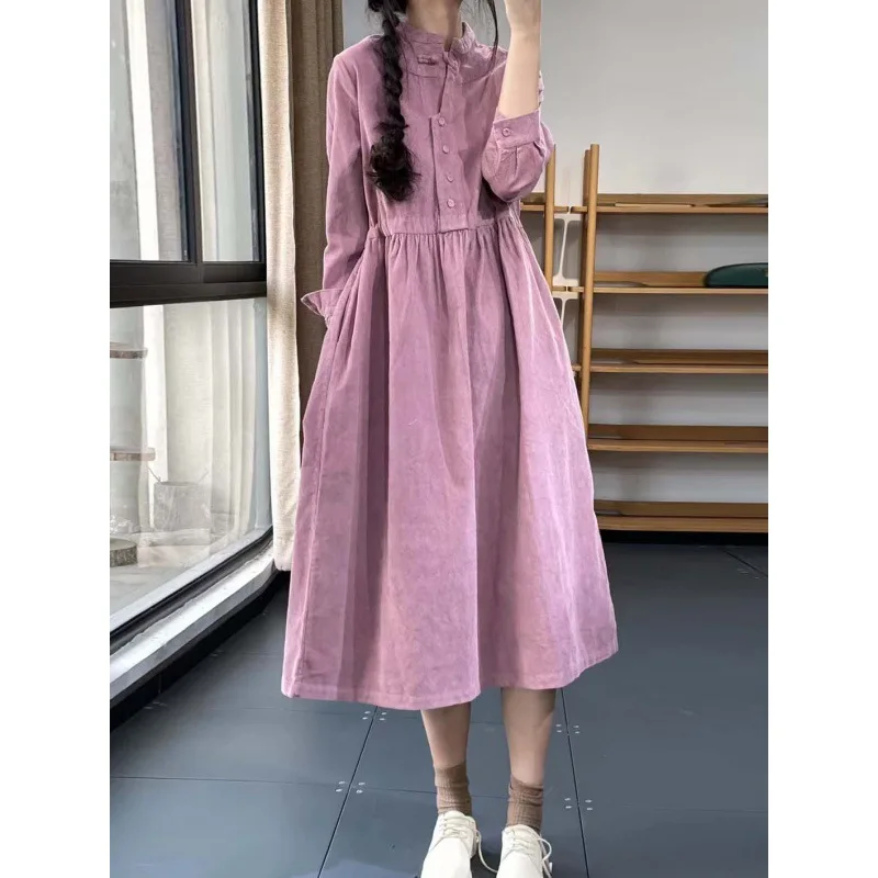 

Oversized Autumn Corduroy Midi Dress Women Fashion Ruffle Pleated Long Sleeve Ladies Dresses Casual Loose Woman Dress 2024