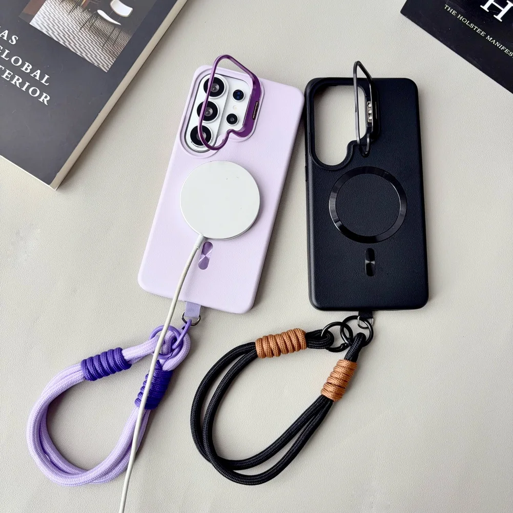 Leather Textured Wrist Strap Case with Metal Lens Bracket and Magnetic Ring Cover