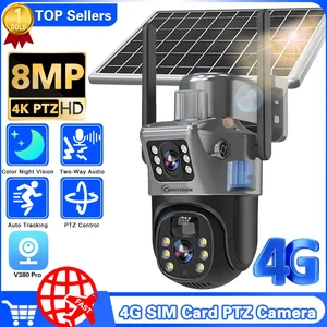 4K 4G SIM Card Dual Lens Solar Cameras 8MP Wireless Surveillance PTZ Battery Camera Color Night Vision PIR Detection  V380 Pro