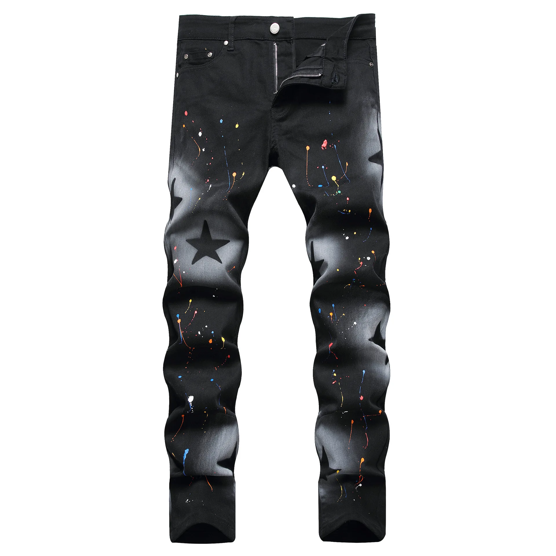 Men's Fashion jeans with star hop high streetwear vaqueros hombre salpicadura pants denim dye