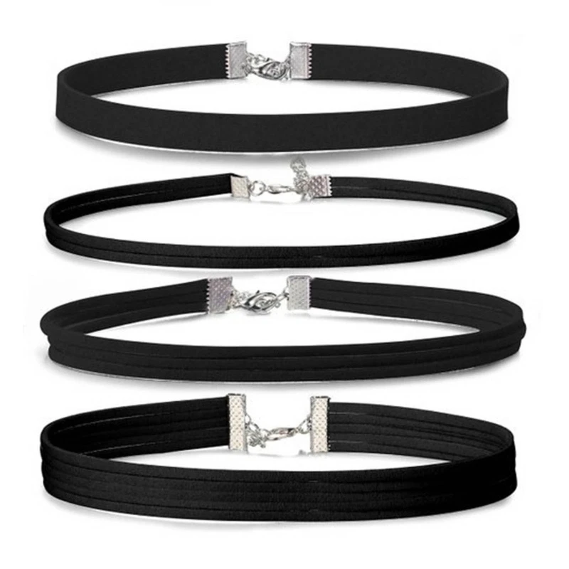 

E0BF Elegant Black Choker Necklace Set 4 Neckchains for Fashion Enthusiasts
