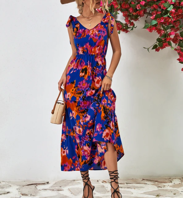 YEMOGGY Elegant Floral Print Dresses for Women's Summer Dress 2023 New V-neck  Sleeveless Sexy Open Back Strap Split Maxi Dress - AliExpress