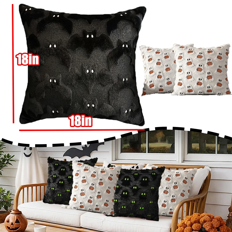 Halloween Black & White Ghost Bat Decorative Plush Pillow Cover - Festive Home Accent