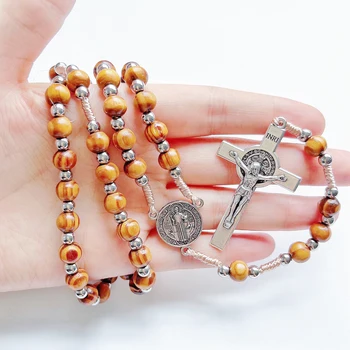 Wooden Pine Bead Saint Benedict Necklace 1