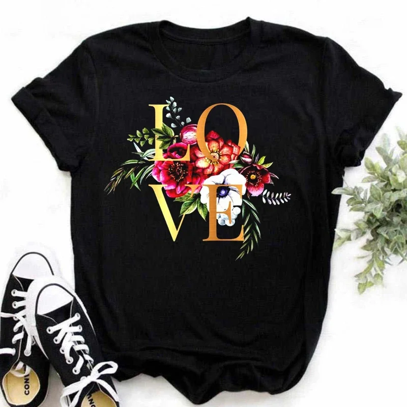 

Women T-shirts Floral Love T Shirt 90s Ladies Fashion Clothing Cartoon Clothes Short Sleeve Female Tees Valentine Tshirt