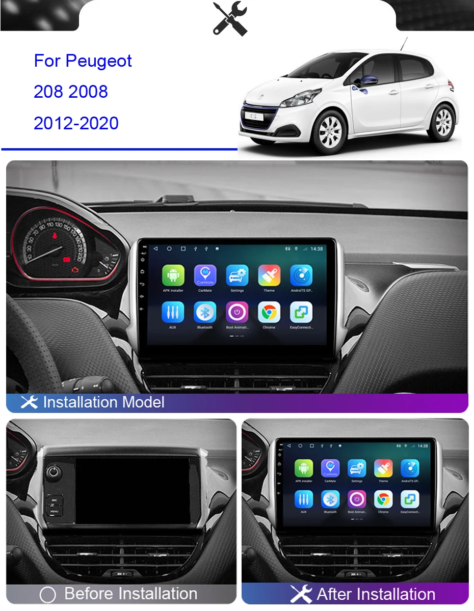 WiFi, GPS, DVD, BT, Carplay, Peugeot 208