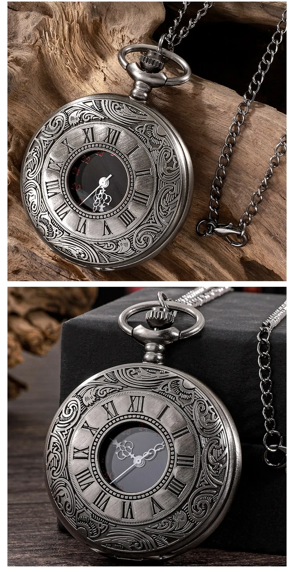 Large classical black dual display Roman retro watch with black face, Roman letters, white needles, nostalgic pocket watch
