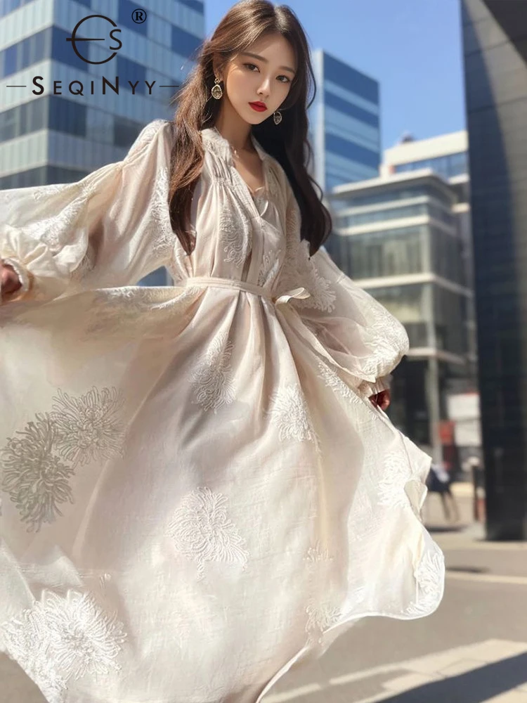 

SEQINYY Beige Midi Dress Summer Spring New Fashion Design Women Runway High Street Vintage Embroidery Flower Pockets Holiday