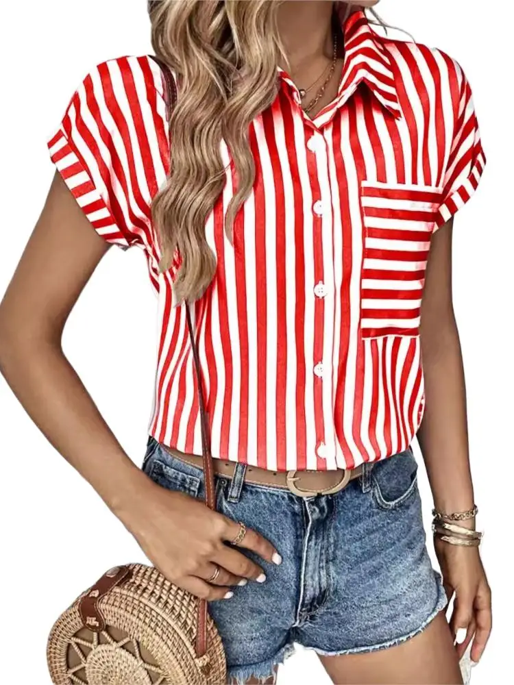 Women Summer Short Sleeve Striped Blouse Tops