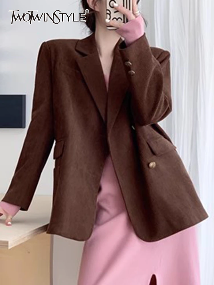 

Женский однотонный Блейзер TWOTWINSTYLE, повседневный свободный однобортный Блейзер составного кроя с английским воротником и длинными рукавами