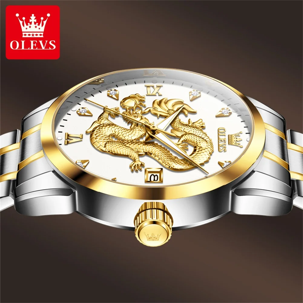 OLEVS New Fashion 3D Carved Dragon Dial Design Quartz Watch Men Stainless Steel Waterproof Luxury Mens Watches Relogio Masculino