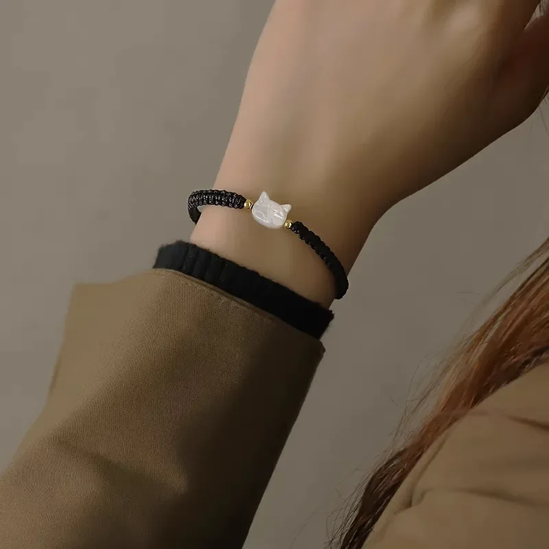 2pcs Y2K Black White Cat Bracelet Lovers Friends Natural Moonstone Rope Couple Simple Handmade Charms Bracelets Jewelry Gifts