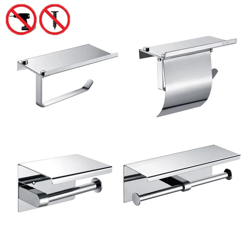 Stainless Steel Toilet Roll Holder Self Adhesive in Bathroom Tissue Paper Holder Black Finish,Easy Installation no Screw
