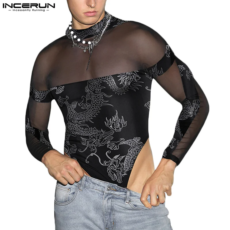 Men Bodysuits Lingerie Mesh Print Rompers