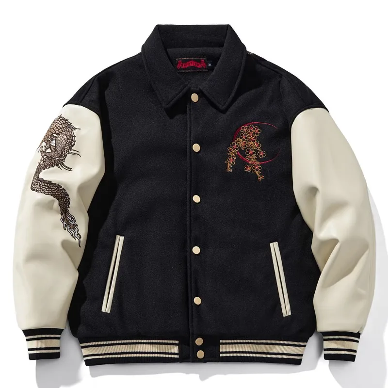 Cartoon Embroidery Heavy Industry Lapel Baseball Uniform Couples Top Woolen Warm Dragon Year Red National Contrast Color Jaqueta