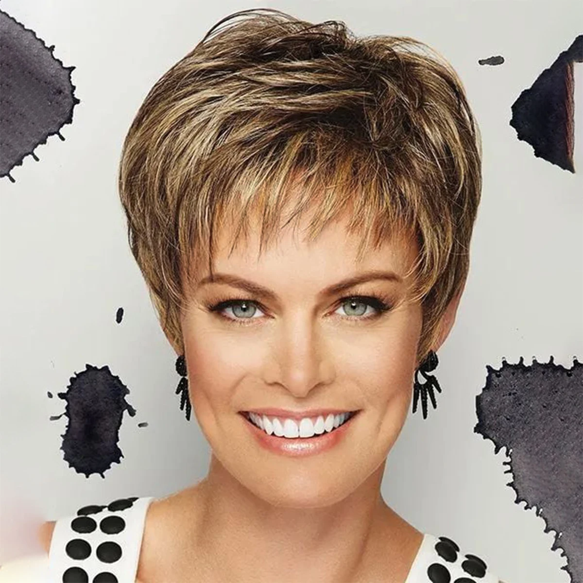 Gradient silver gray synthetic short hair mother headgear wig oblique bangs high-end hair set heat-resistant wig