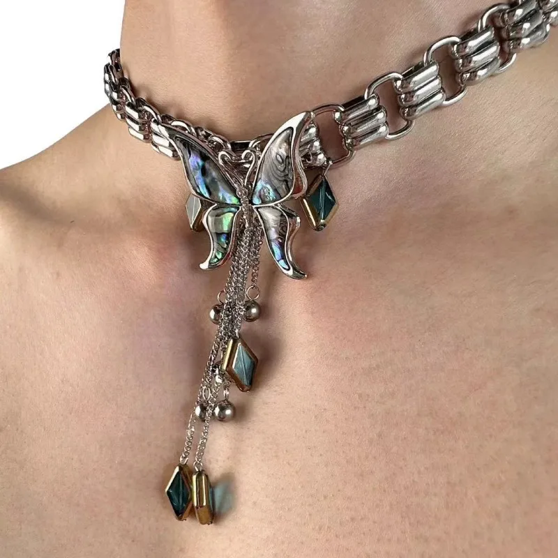 

Punk Gothic Vintage Colorful Seashell Butterfly Tassel Exaggerate Necklace Clavicular Chain For Women Girls Fashion Jewelry
