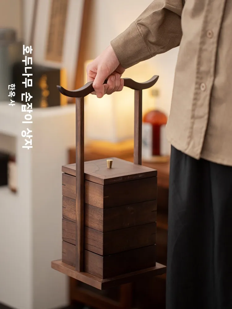 호두차 간식 트레이 박스 다층 고급 중국풍 빈티지 사각형 가정용 건과일 간식 나무 바구니 상자