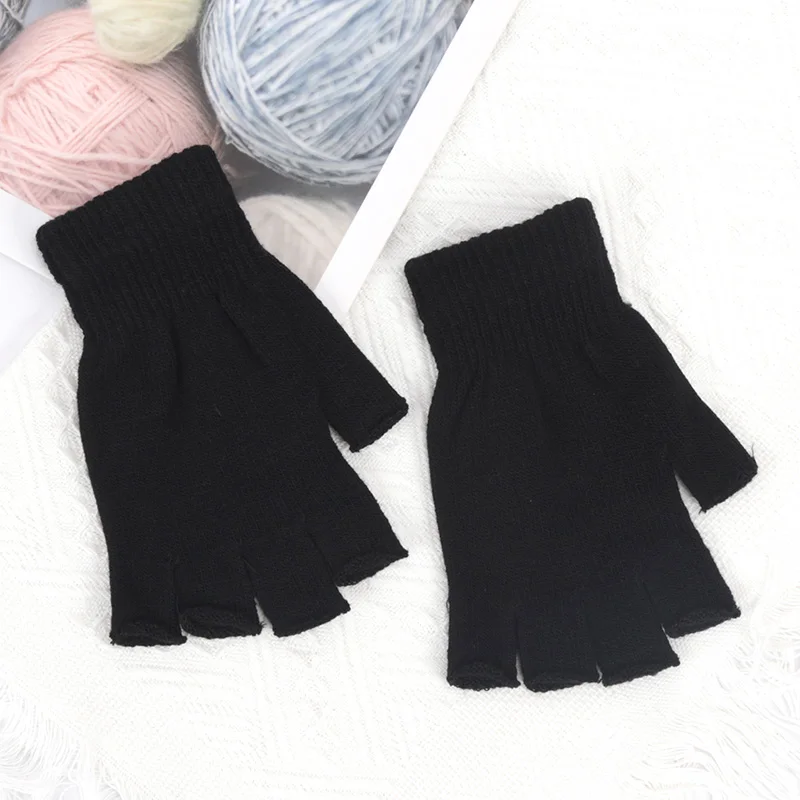 1Pair Black Short Half Finger Fingerless Gloves Unisex Outdoor Short Warm Mittens Women Men Knit Elastic Comfort Work Gloves