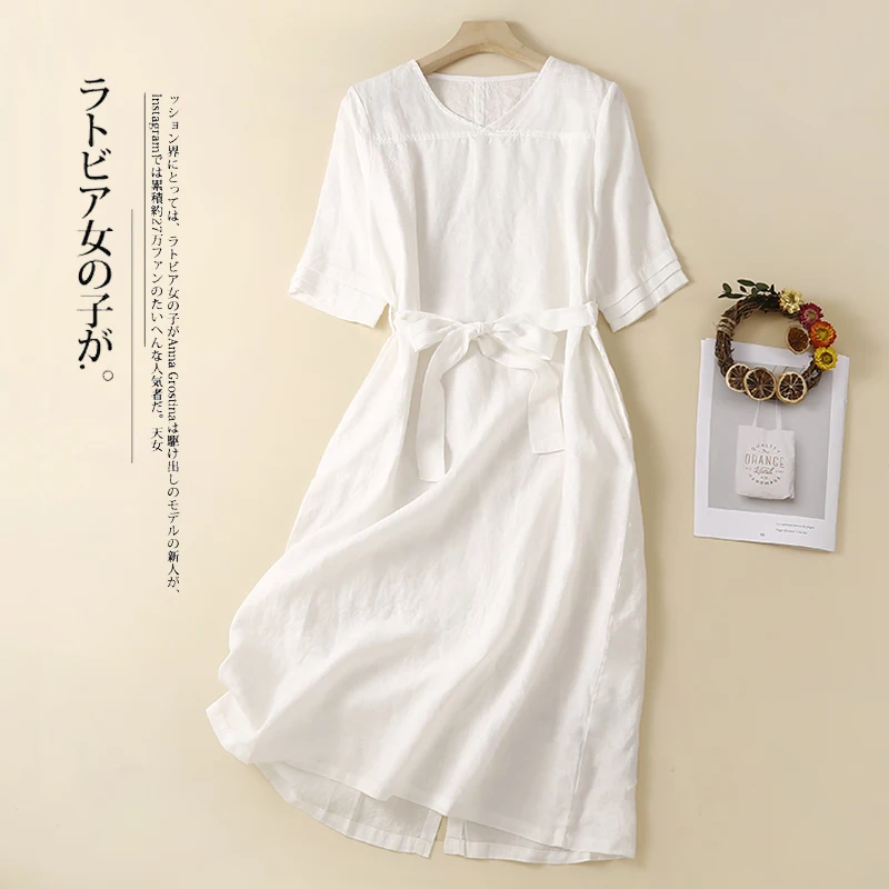 

2022 New Arrival V-neck Soft Cotton Linen Loose Cozy Summer Dress Belt Slim Office Lady Work Dress Women Travel Casual Dress