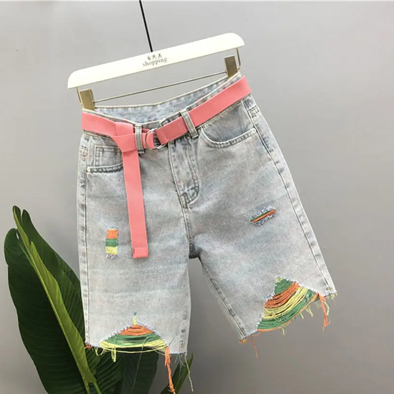 

New Summer 2024 Colorful Personalized Shorts Ragged Edges And Perforated Denim Women's Loose Casual Straight Button Middle Pants