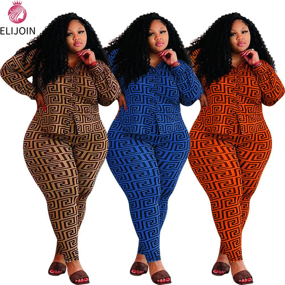 ELIJOIN Europe and America Long Sleeve Jacket Pants 2-piece retro chic pattern plus size suit exquisite fashion shirt |