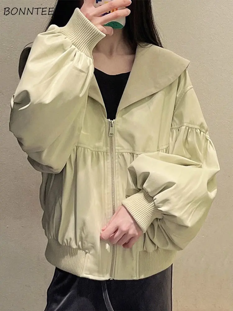 

Jackets Women Loose Popular Folds Simple All-match Solid Korean Style Design Students Spring Outwears Preppy Casual Elegant Cozy