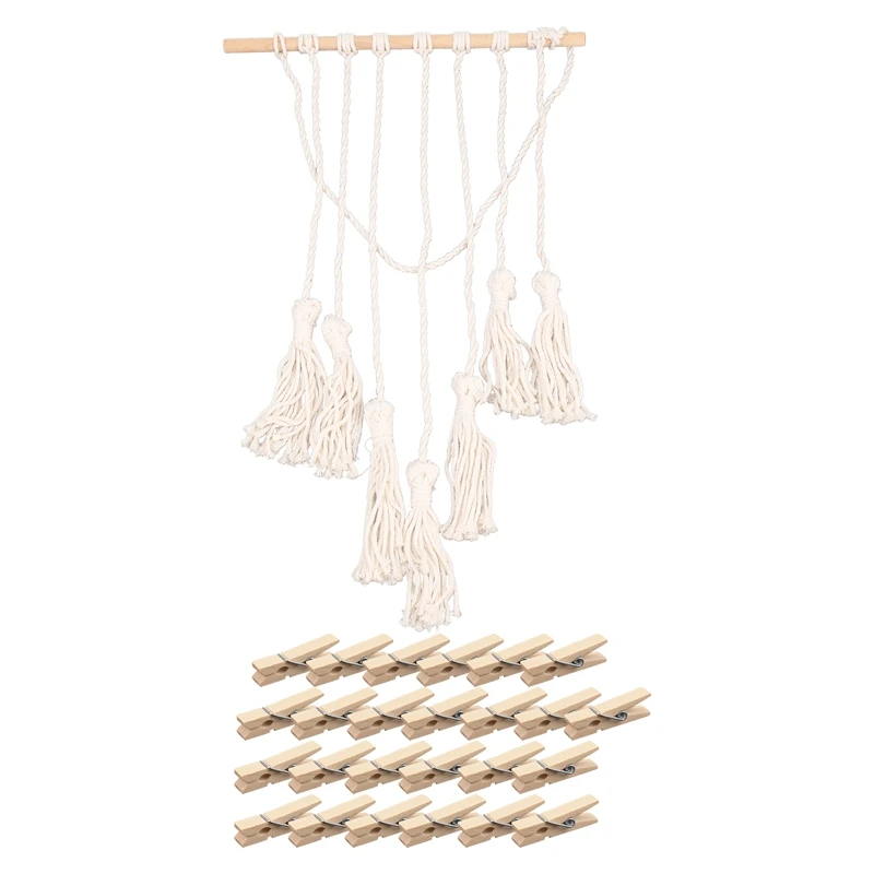 

Hanging Photo Display Macrame Wall Hanging Pictures Organizer Home Decor, With 25 Wood Clips