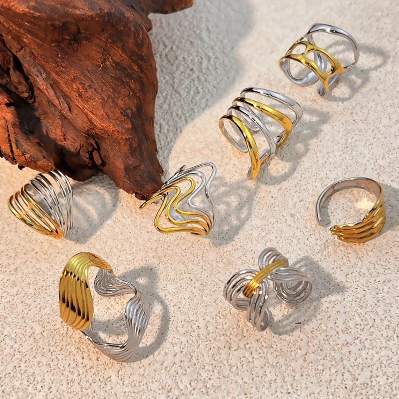Punk Geometric Linear Hollow Out Wide Rings for Women Personality Multi-layer Wire Ripple Twist Ring Party Jewelry Accessories