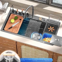 Stainless Steel Waterfall Kitchen Sink Embossed Extra Large Single Bowl With Chopping Board Rack Multifunctional Wash Basin 1